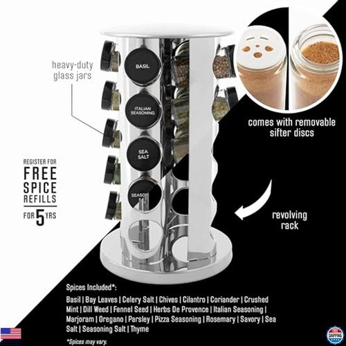 20 Jar Revolving Spice Rack with Spices & 5-Year Free Refills, Stainless Steel - Picture 3 of 6