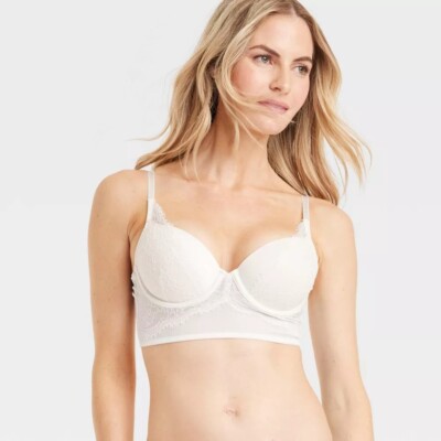 Auden Lace Demi Longline Bra Womens Size 38DD Underwire Adjustable Straps White