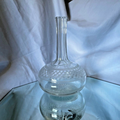 Vintage Clear Glass Etched Decanter Heavy Thick With Sunburst Bottom  - 7''