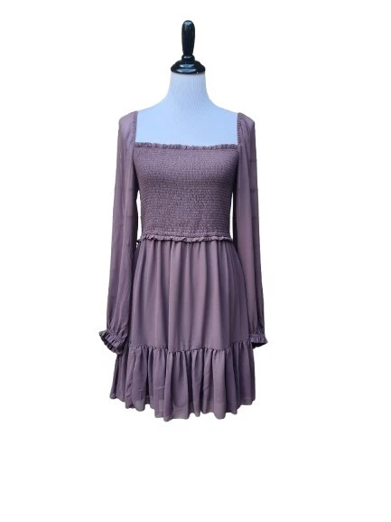 Aritzia Wilfred Tempest Dress LARGE Mauve Brown Smock Square Neck Sheer Sleeves - Image 2 of 4
