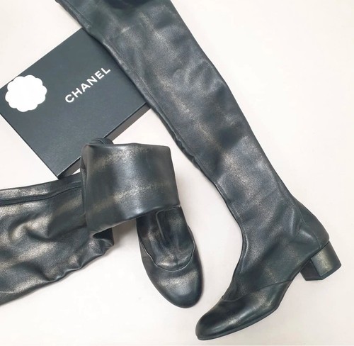CHANEL Metallic Black Leather CC Thigh High Over The Knee Boots Sz. 41 - 第 2/10 張圖片