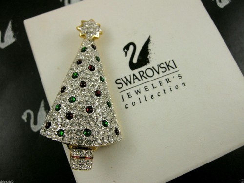 SIGNED SWAROVSKI CRYSTAL CHRISTMAS TREE PIN~BROOCH 22 KT GOLD PLATED NEW - Picture 9 of 9