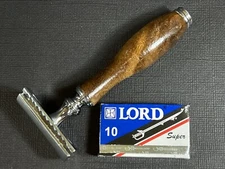 GERMAN MADE WOOD HANDLE DOUBLE EDGE SAFETY RAZOR FOR MEN'S WET SHAVE + 10 BLADES