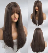 Cosplay Wigs With Bangs Long Straight Heat Resistant Hair Dark brown