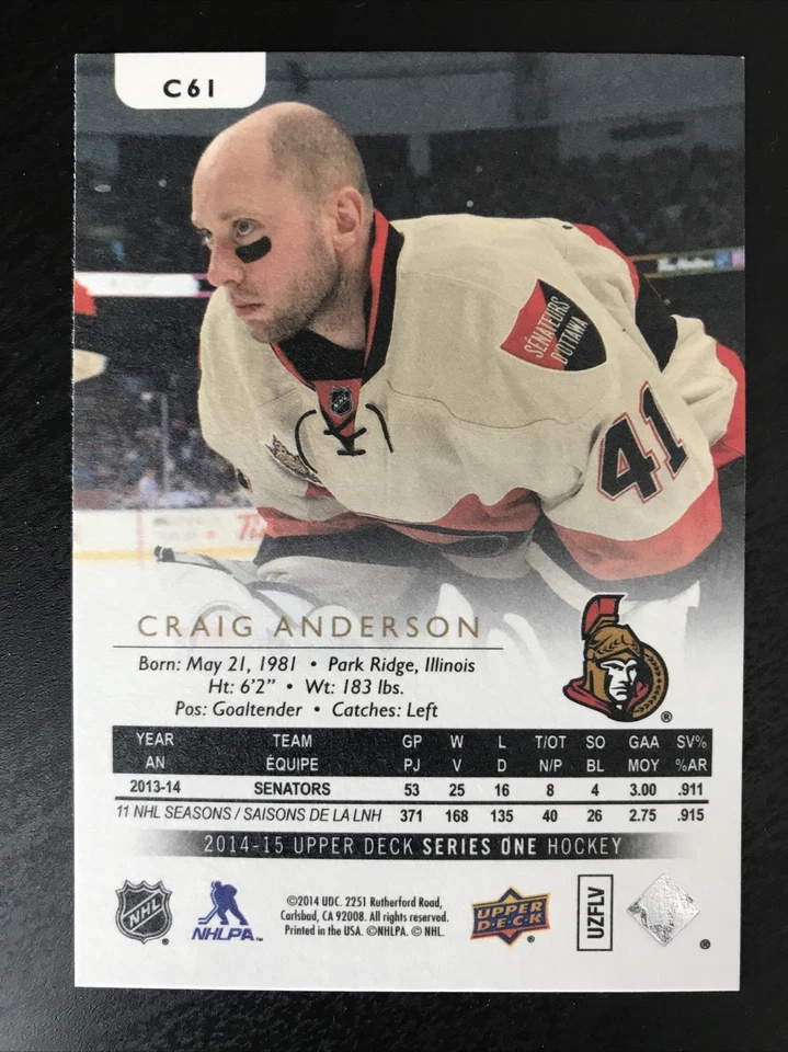 2014-15 Upper Deck UD Canvas #C61 Craig Anderson Ottawa Senators Buffalo Sabres - Image 2 of 2