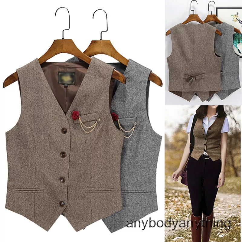Womens Retro Tweed Vest Suit Waistcoat Gilet Casual Tops V Neck Button Down Coat