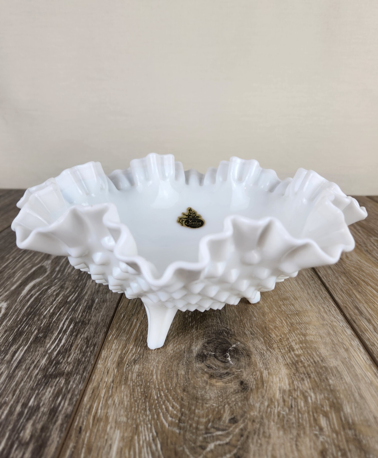 Fenton Hobnail Milk Glass Ruffled Edge  3 Footed Candy Dish Bowl 8