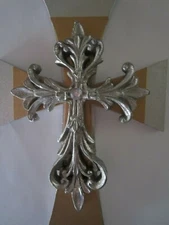 3 LAYER CROSS, GOLD & SILVER PAINTED WOOD W/FLEUR DE LIS CROSS ON TOP 8"X5" NEW