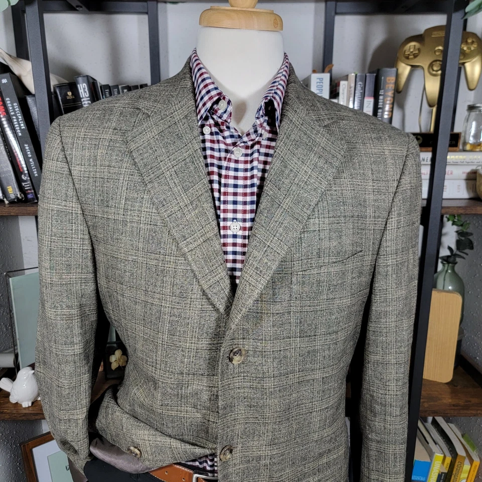 Abrigo deportivo Jack Victor Saks Fifth Avenue para hombre VITALEWOOD beige negro a cuadros 42L Foto 2 de 4