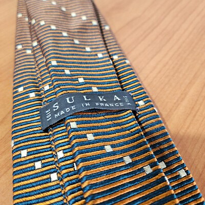 Sulka Men's Silk Neck Tie - Orange Navy Blue Striped 58