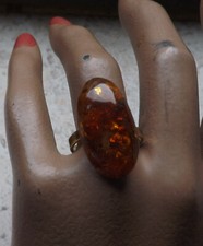 Schöner älterer Ring mit großen Bernstein 925 Silber vergoldet