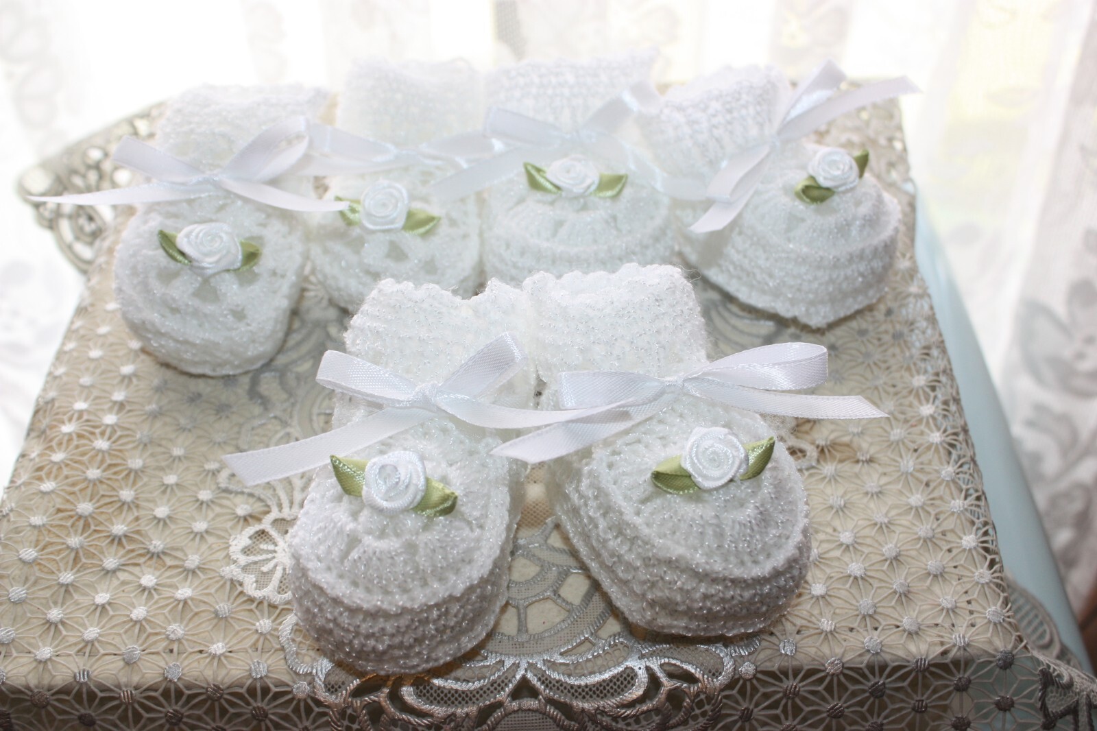 CUTE Lot 6 Pairs Baby Doll White Booties with White Roses Reborn