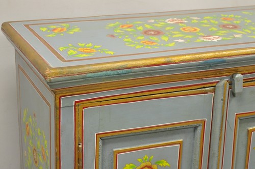 Vintage French Country Style Blue Painted Floral Wooden 2 Door Cupboard Cabinet - Picture 6 of 12