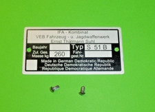 Typenschild Plakette für Simson S51 B Rahmenplakette + 2 Kerbnagel