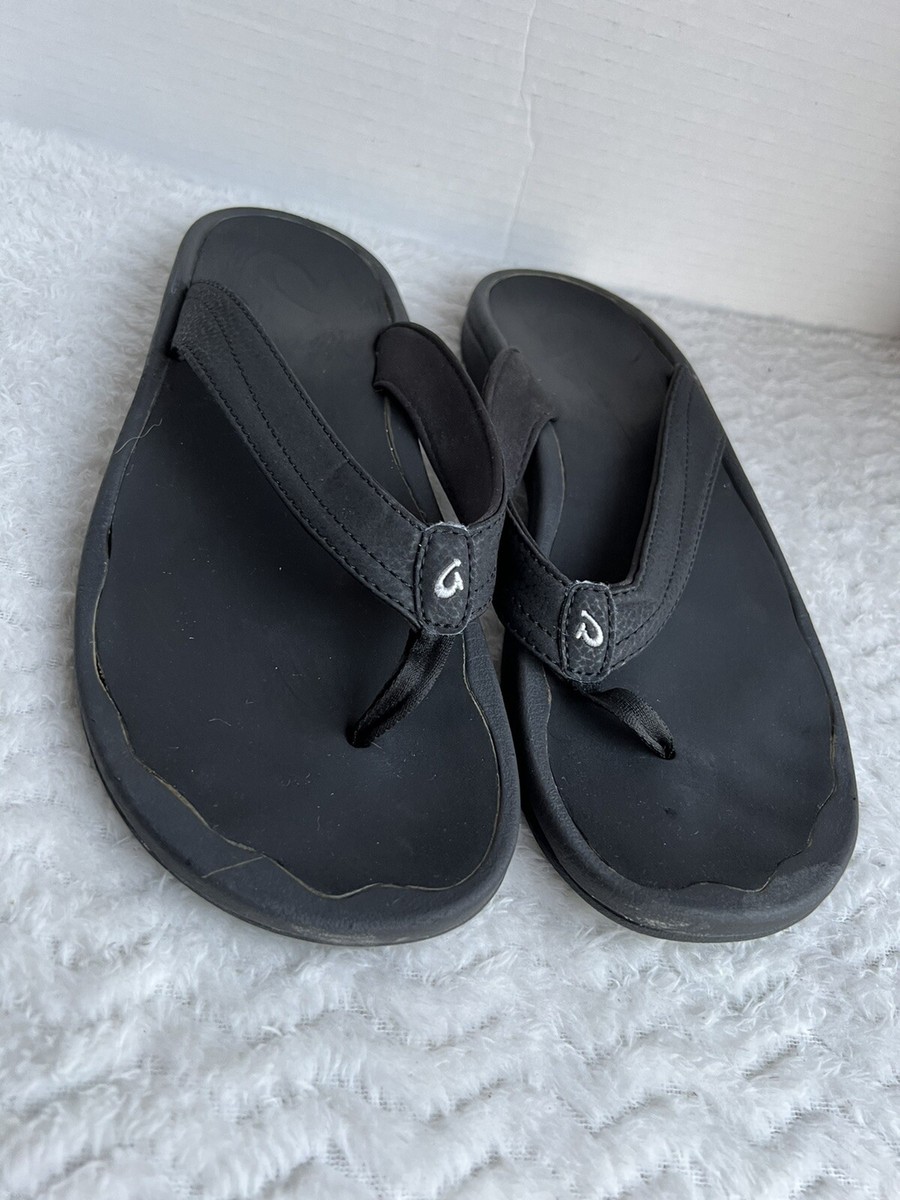 OluKai Ohana Black Leather Flip Flops Thong Sandals Women display picture 1