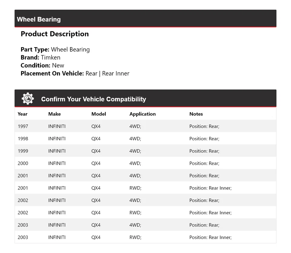 Cojinete de rueda para Infiniti QX4 1997-2003 Timken 1998 1999 2000 2001 2002 Foto 2 de 4