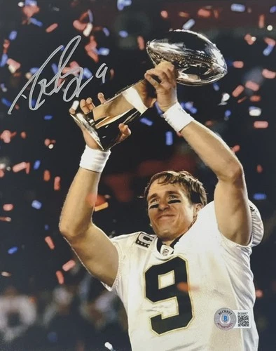 Drew Brees Signed 8x10 Photo Super Bowl Trophy New Orleans Saints BAS Beckett