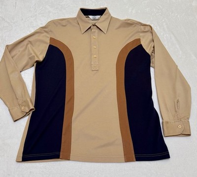 VTG 80s Gabicci Long Sleeve Polo Bowling Style Colorblock Shirt Beige Brown Sz L