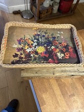 Vintage Rectangular Serving Tray - Wicker Edge - Flower Arrangement