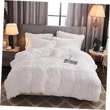 Shaggy Fluffy Faux Fur Duvet Cover Set Button Closure Velvety Queen White