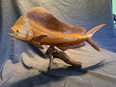 Highly Detailed Mahi-Mahi, Dorado, Dolphin Fish Wood Carving On Driftwood Base