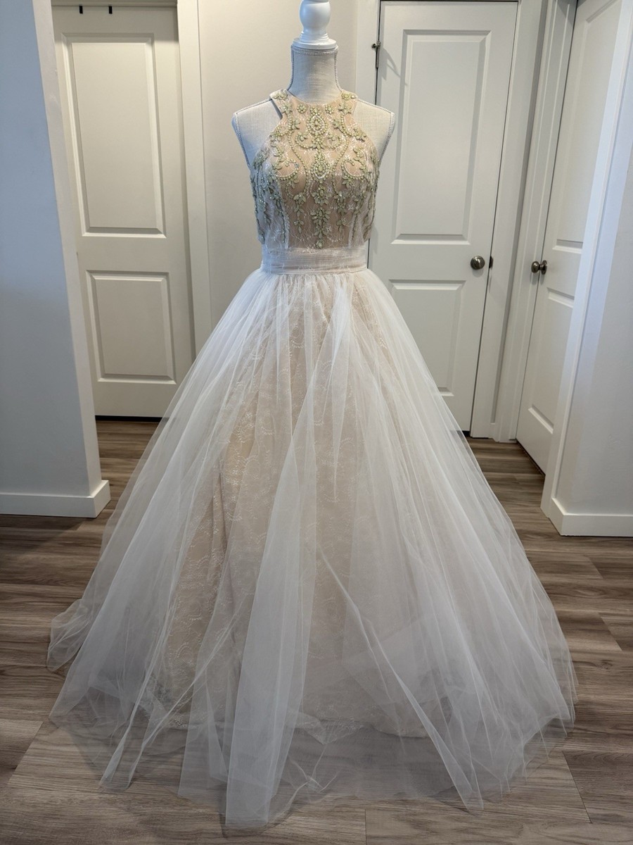 Sherri Hill Beige and White Embellished Gown Beaded Bodice Tulle Skirt |  eBay