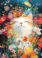 Cat Flowers Diamond Painting Kit 12x16 Inch DIY 5D Wall Art Decor Full Drill
