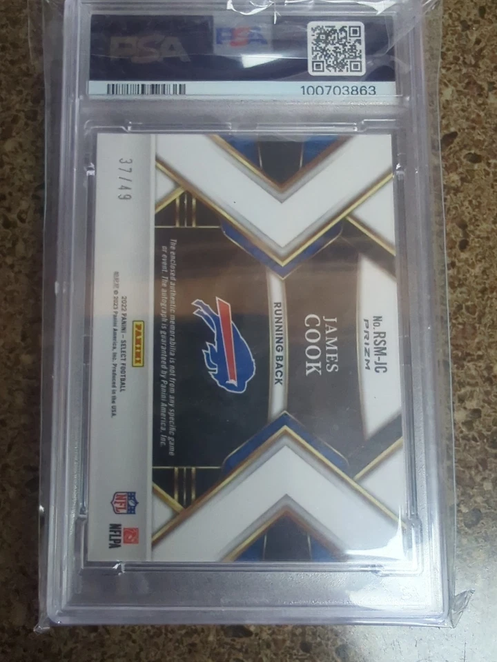 2022 Panini Select - Rookie Signature Mem James Cook Purple Prizm /49 PSA 10 - Image 3 of 4