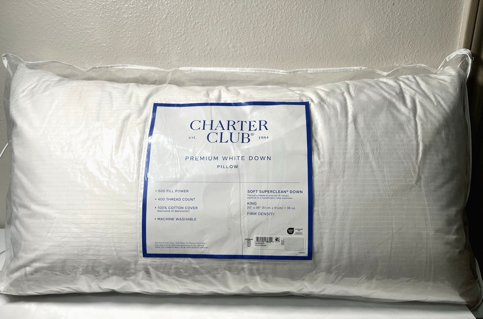 Charter Club Premium White Down Firm Density King Size Pillo
