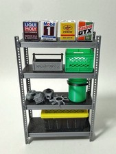 1:18 Scale Garage Storage Rack Diorama   4-Tier Shelf w/ Tools, Bins  Car Parts