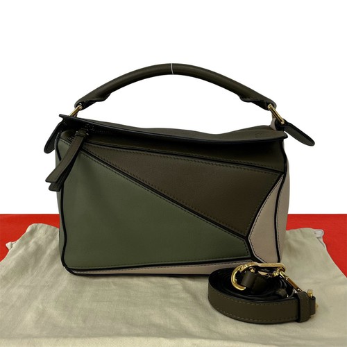 Loewe Puzzle Shoulder Bag Leather Green Beige Unisex #TVB3053