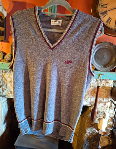 Jaeger, Vintage 80s Jaeger men’s grey lambswool knit V-neck sleeveless tank jumper, L