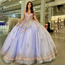 Lilac Quinceanera Dresses Off Shoulder Lace 3D Flowers Prom Ball Gowns Sweet 16