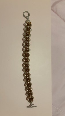 Beaded Glass Metal Bracelet Brown White Silver Round Adjustable Toggle Clasp