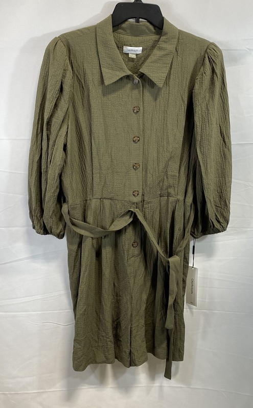 Calvin Klein Women's Olive Green Button Up Textured Romper Dress Size 16 NWT