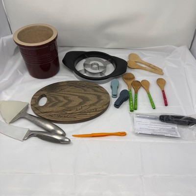 Pampered Chef Kitchen Tool Lot Stoneware Crock Wood Board pineapple cutter,