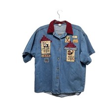Denim Shirt Womens Size Large Embroidered Farm Animals Cow Pig Garden USA Made