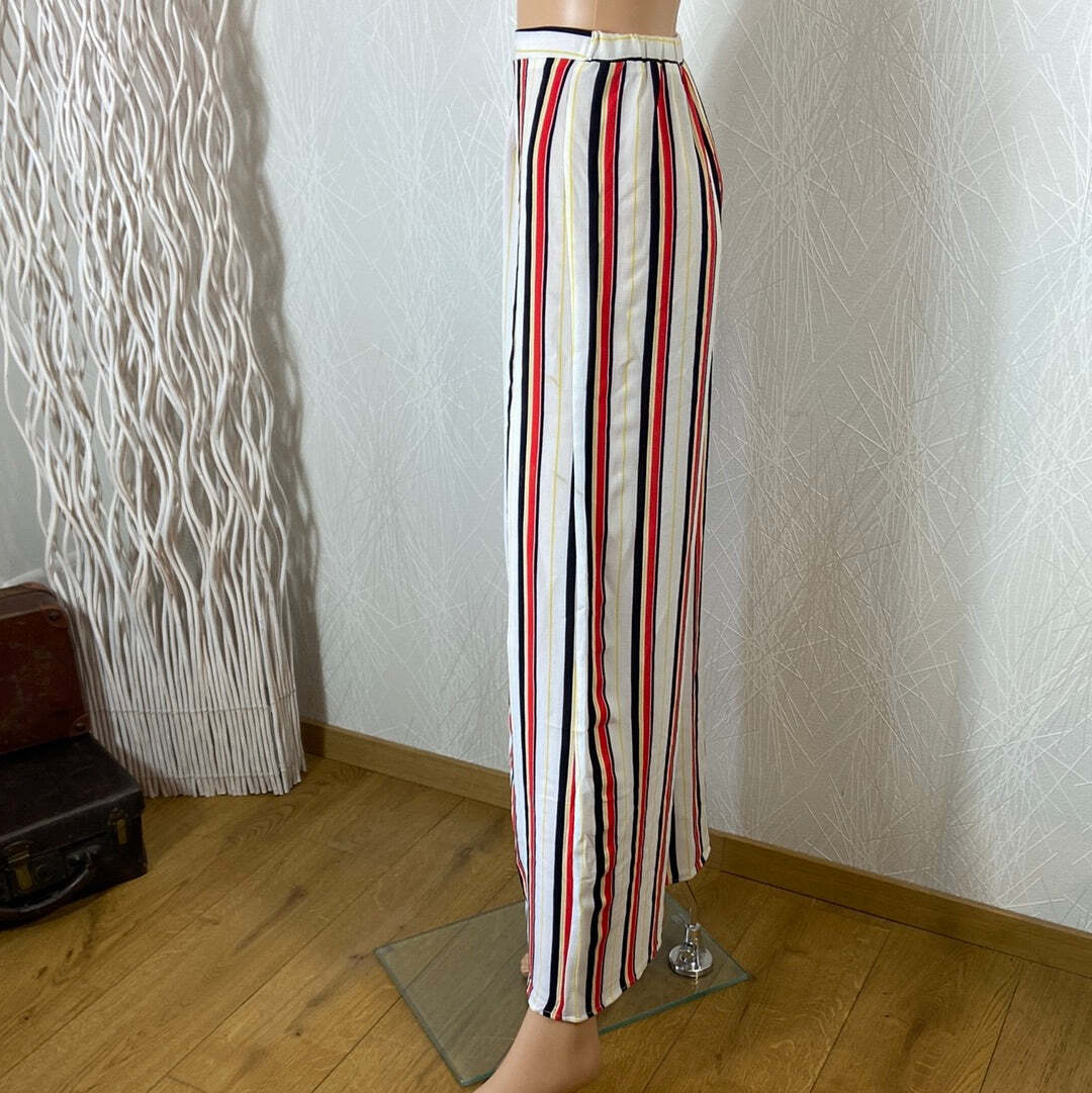 Pantalon Rayé Jambes Larges Femme Taille 10 - Occasion Bon état - Blanc