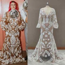 Bohemia Mermaid Long Wedding Dress Puffy Sleeves V Neck Bridal Gowns Plus Size