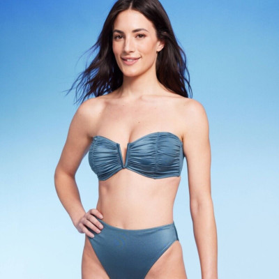 Women's V-Wire Shirred Bandeau Bikini Top - Shade & Shore  Blue Shine 34DD