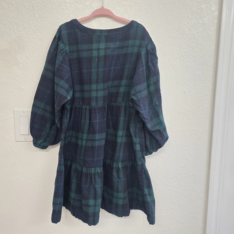 Old Navy Girl's  Long Puff Sleeve Button Plaid Swing Dress Green & Navy Sz S 6-7 - Image 2 of 4