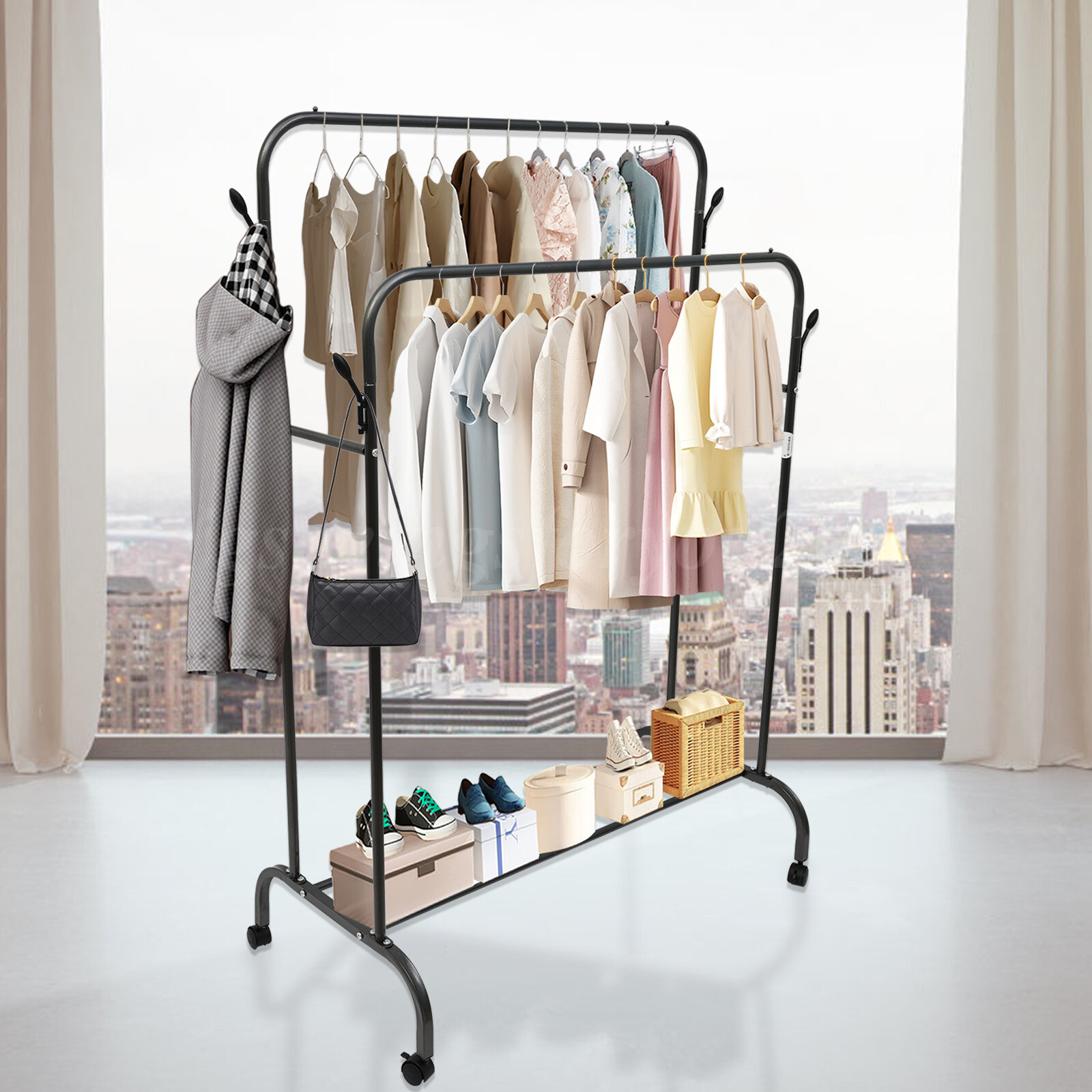 Heavy Duty Clothes Rack Closet Storage Shelf Garment Rack Clothing With Wheels