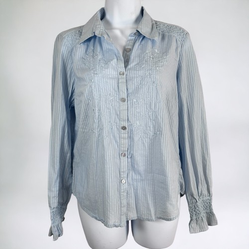 Vintage Nine West Blouse Top Size 10 Y2K Blue Button Down Ruffle Wrists Striped - Picture 2 of 10