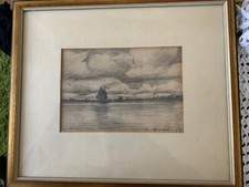 Max Clarenbach  " Küstenlandschaft " , frühe Zeichnung 1897 , handsignier .