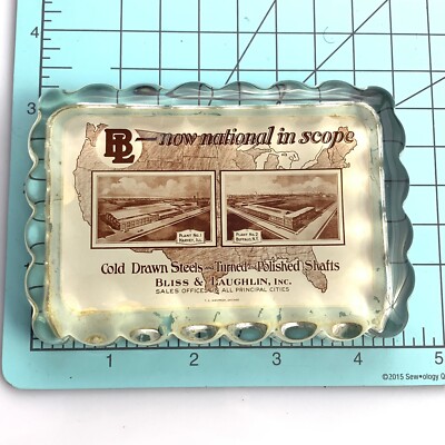 Old Glass Advertising Paperweight Bliss Laughlin Steel Harvy IL Buffalo NY