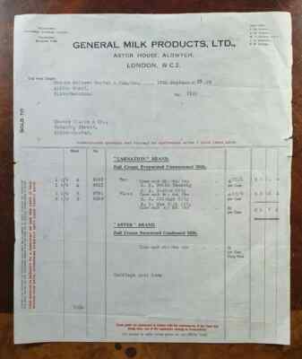 General Milk Products 1928, Astor House, Aldwych, London Rechnung