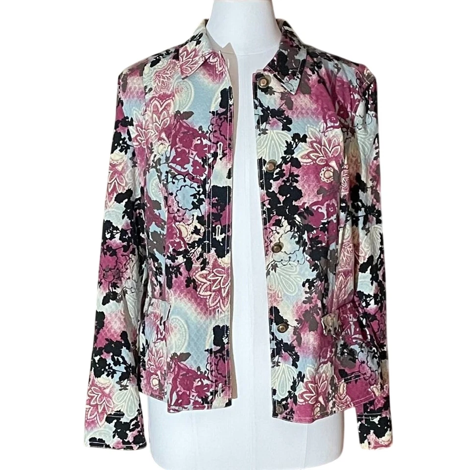 Amber Sun Boho Floral Paisley Textured Denim/Jean Jacket Pastel Blue, Purple L - Image 2 of 4