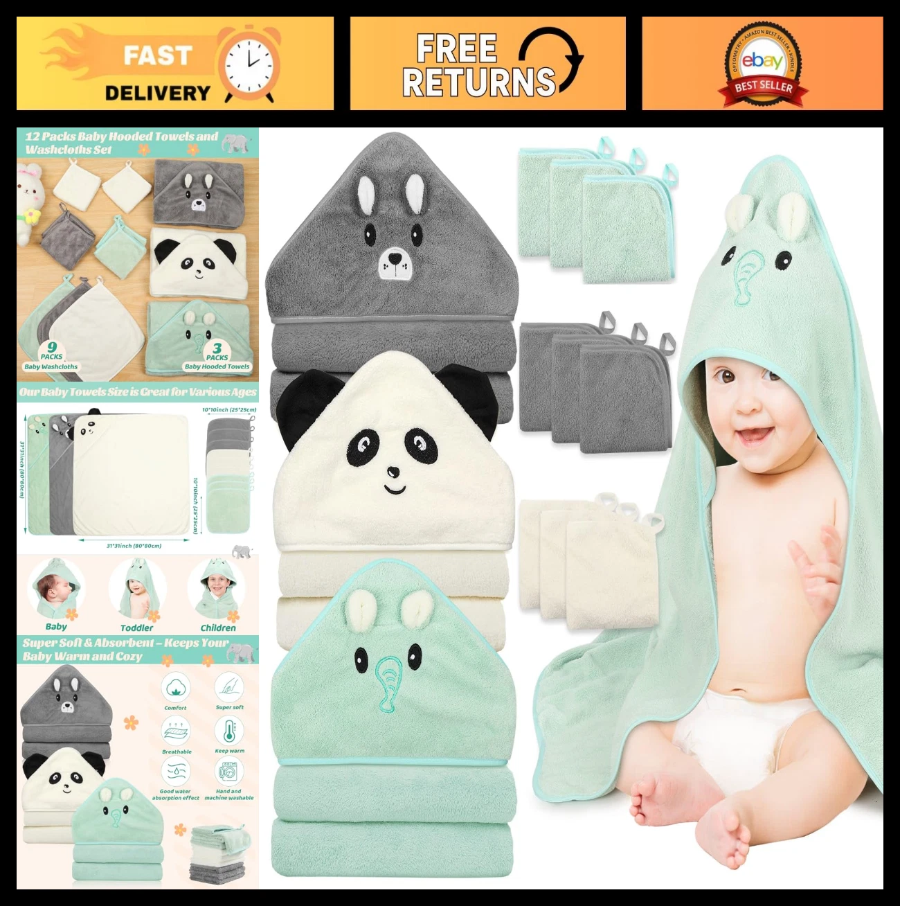 12 PCS Baby Towels Set - 3 Soft Hooded Towels & 9 Washcloths, Ultra Absorbent, C