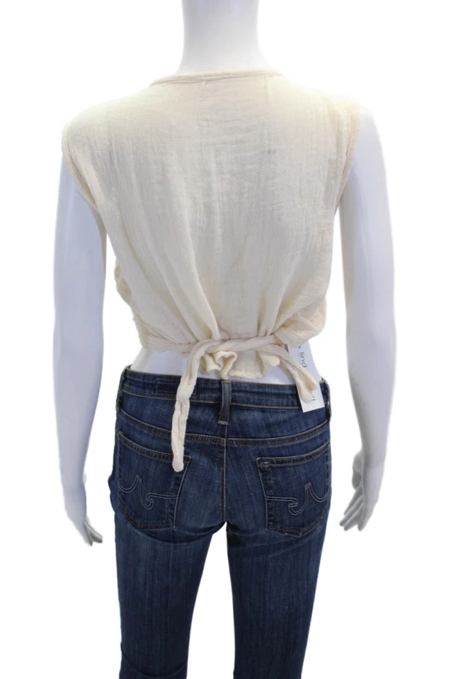 Jens Pirate Booty Mujer Sin Mangas Corbata Frontal Tejido Abierto Envolvente Top Blanco Pequeño Foto 3 de 4