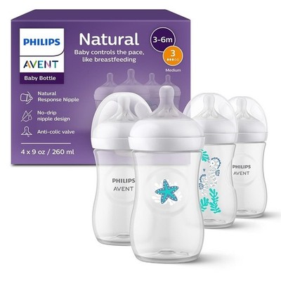 Philips Avent Natural Baby Bottles, Medium Flow, 9 oz, BPA-Free, 4-Pack | Baby-C